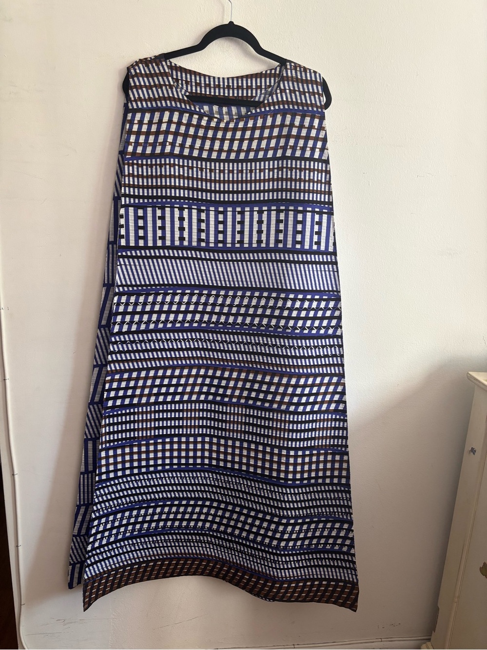 Issey Miyake white and blue geometric patterned maxi dress